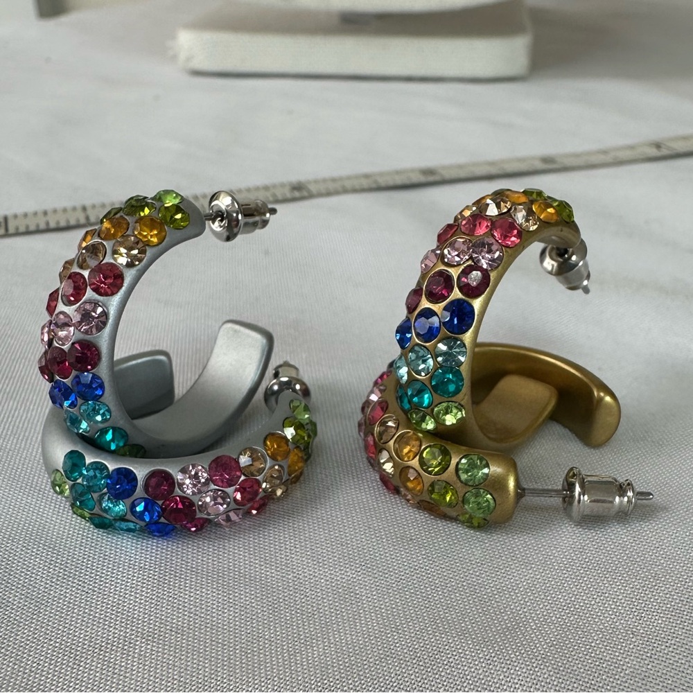 Two pair of open hoop rainbow rhinestone earrings